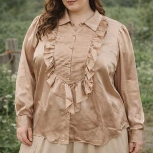 Vintage Randolph Duke Silk Ruffle Blouse Pleated Bib Front Champaigne Womens 18W
